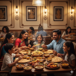 Family dining at Bhavy’s Kitchen – Uppal, enjoying vegetarian and non-vegetarian dishes in a cozy restaurant