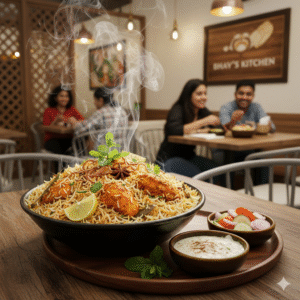 Aromatic biryani served at Bhavy’s Kitchen in Uppal – authentic flavors and a delightful dining experience.