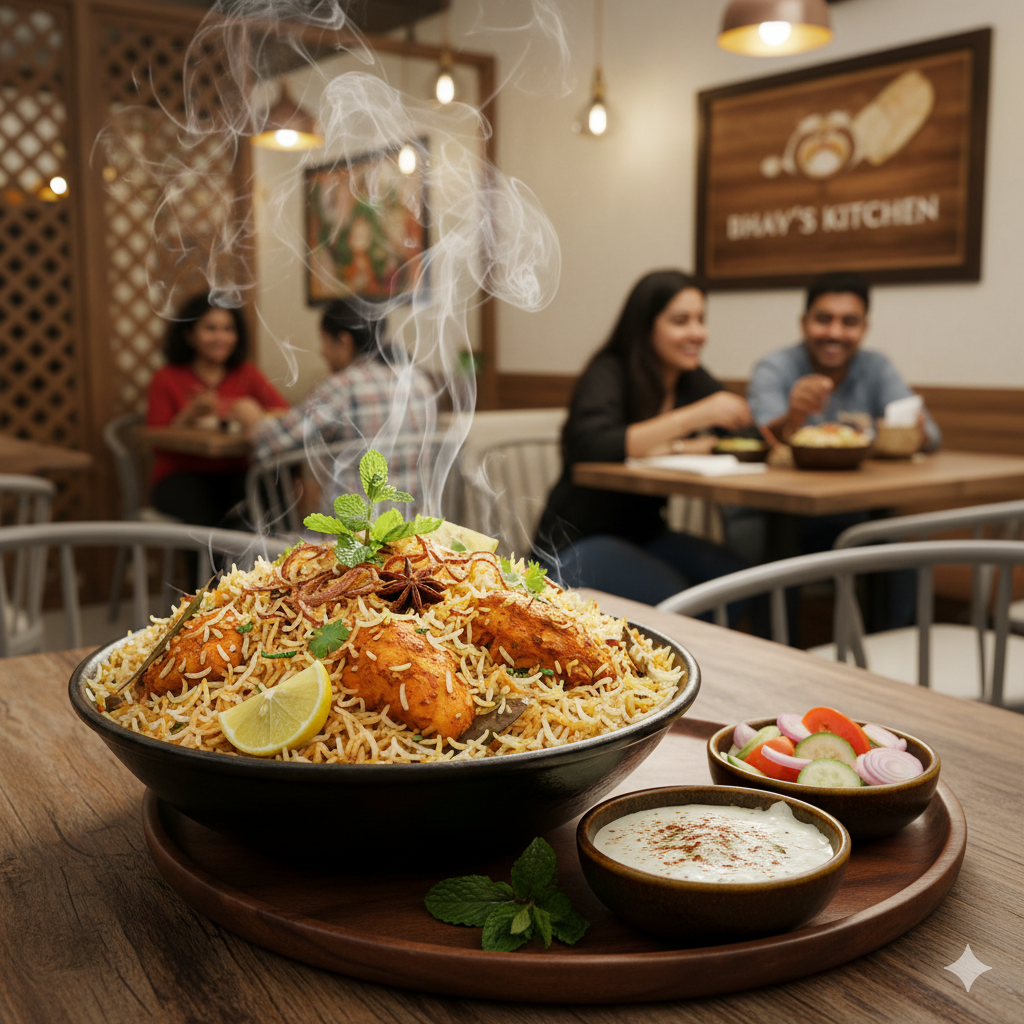 Aromatic biryani served at Bhavy’s Kitchen in Uppal – authentic flavors and a delightful dining experience.