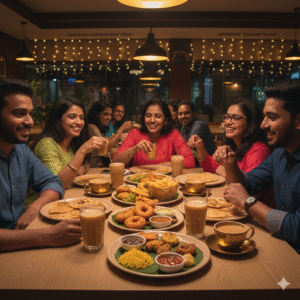 Family enjoying snacks during Happy Hours at Bhavy’s Kitchen – Uppal