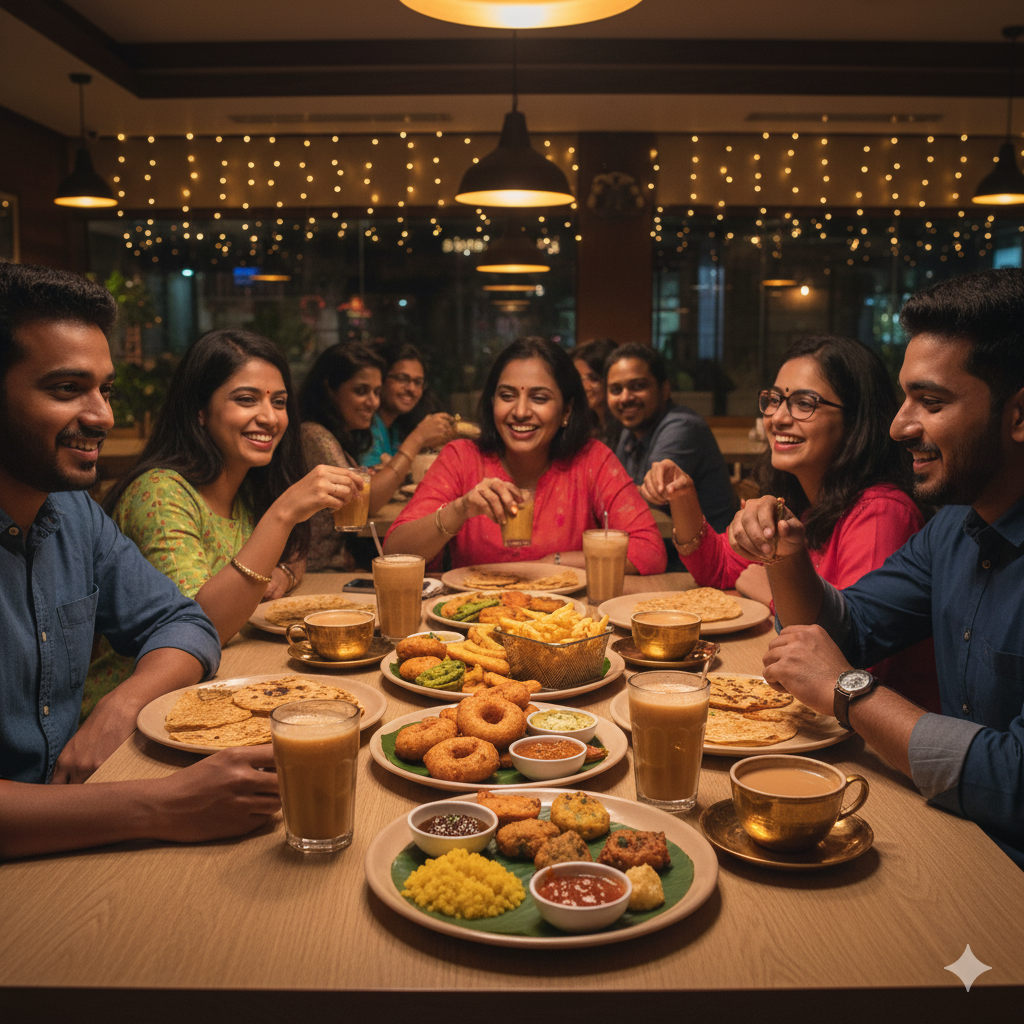 Family enjoying snacks during Happy Hours at Bhavy’s Kitchen – Uppal
