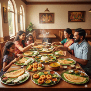 Family enjoying authentic South Indian food at Bhavy’s Kitchen – Uppal